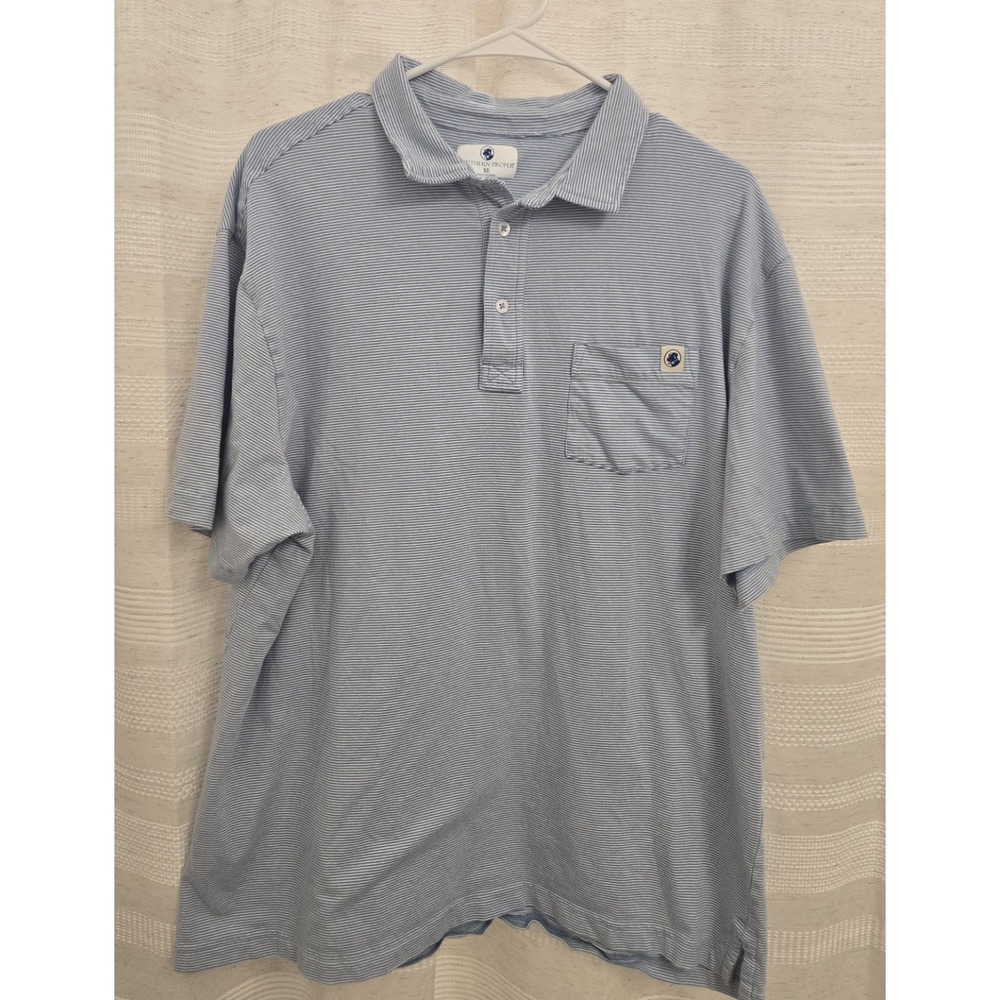 Southern Proper Mens Polo Shirt XL Blue White Micro Stripe Pocket Preppy Golf